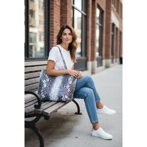 Chico’s Black, White and Gray Faux Snakeskin Print Tote 15” x 17” x 6”